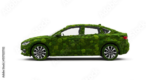 Electric vehicle fully covered in moss texture showcasing sustainable transportation innovation