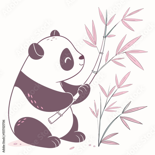 Adorable Panda Bear Holding Bamboo Illustration Perfect for Children's Books, Cute Branding Designs, and Adorable Logo Creation, Featuring a Playful Style and Scalable Vector Graphic
