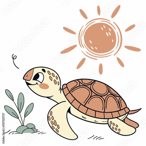 Adorable Sea Turtle Graphic Design perfect for kids apparel branding projects, logos, and cute illustrations featuring a playful turtle basking in sunshine near ocean plants