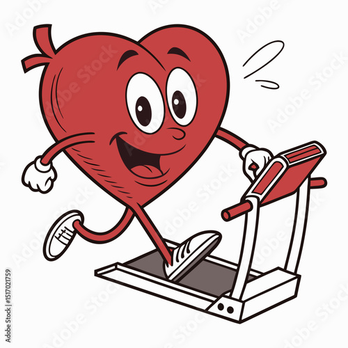 A cheerful heart character enjoys a cardio workout on a treadmill promoting healthy lifestyle choices and heart health awareness for fitness and wellness branding