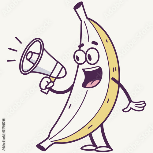 A cheerful banana character holding a megaphone announces a vibrant message ideal for branding logos icons playful designs and marketing materials promoting a fun and approachable style