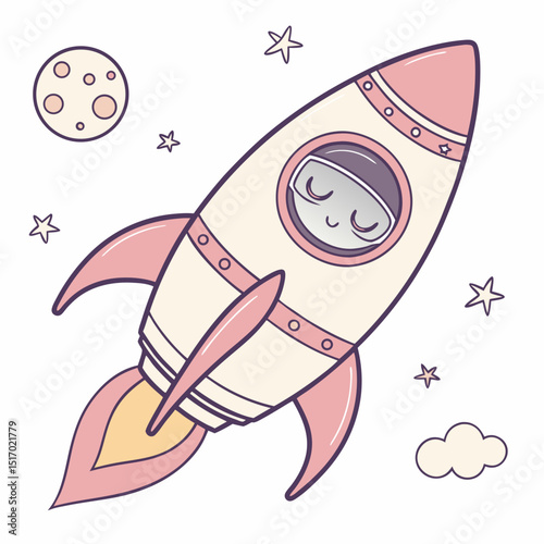 Adorable pastel pink rocket ship soaring through space with a cute astronaut character perfect for children's book illustrations, logo designs, and branding projects requiring a whimsical space theme.