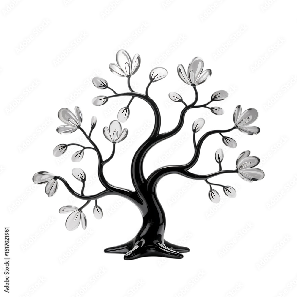 Fototapeta premium A reflective chrome tree with pearl blossoms symbolizing resilience and on transparent background