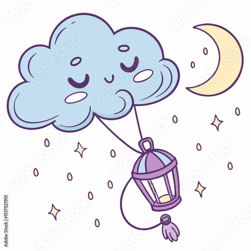 Enchanted Celestial Lullaby: A Whimsical Crescent Moon Cradles a Dreamy Pink and White Stroller on a Fluffy Cloud Surrounded by Sparkling Pastel Stars in a Serene Nighttime Wonderland