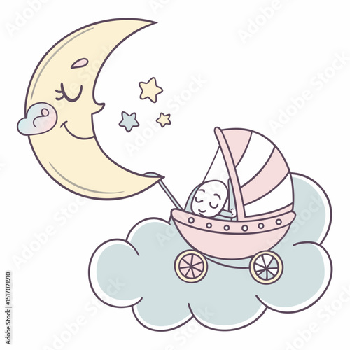 Enchanting Celestial Lullaby Under a Crescent Moon: A Gentle Tale of Night Embrace Featuring a Smiling Moon Cradling a Peacefully Sleeping Infant in a Pink and White Stroller Amid a Starry Pastel Sky