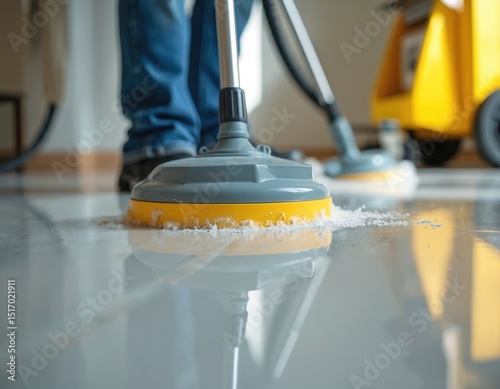 Pro cleaning service tidies home post-renovation. Modern equipment efficiently cleans floor. Person cleaning house, maintenance, housekeeping. Cleanliness, organised space. Spotless result. photo