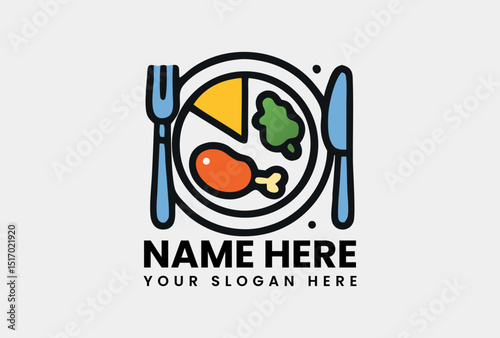 Nutritious balanced meal plate with chicken, vegetables, and carbohydrate portions icon. Food concept