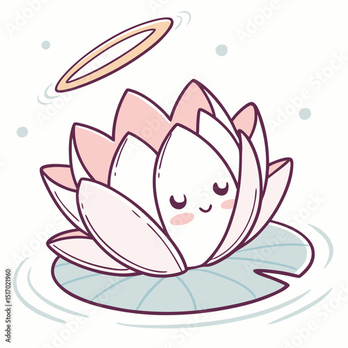 A charming kawaii water lily design featuring a peaceful lotus flower with a halo a perfect scalable graphic for branding projects logo creation and cute illustrations