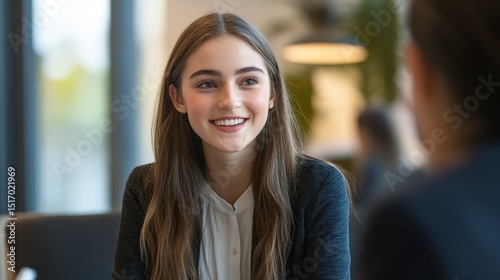 Wallpaper Mural Smiling young woman in conversation at a cafe. Torontodigital.ca