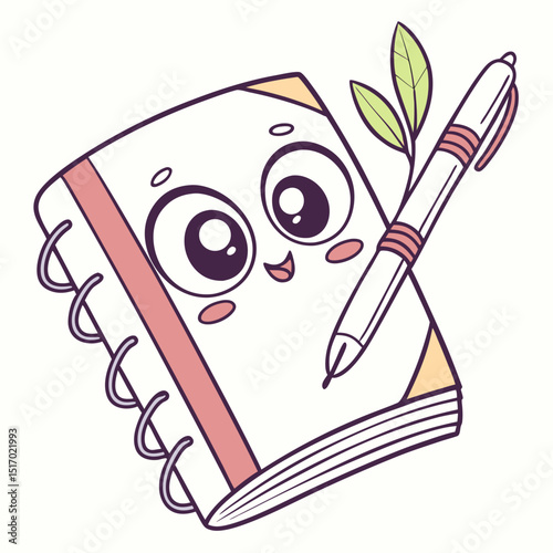 Delightful kawaii notebook character design perfect for branding stationery products children's books and cute websites needing a whimsical touch featuring a spiral bound notepad and pen