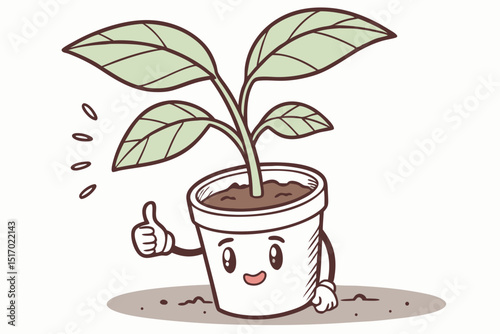 A cheerful potted plant character gives a thumbs up symbolizing growth nature spring ecology and sustainability perfect for eco friendly branding logo design or whimsical illustrations