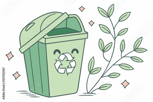 Green recycle bin with grass and flowers, a clean ecology symbol