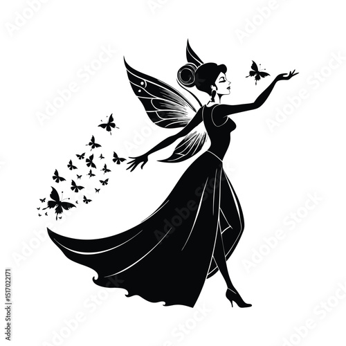 Elegant Mid-Flight Fairy Illustration — Sparkling Dust, Butterflies, Flowing Dress, Monochrome Fantasy Art