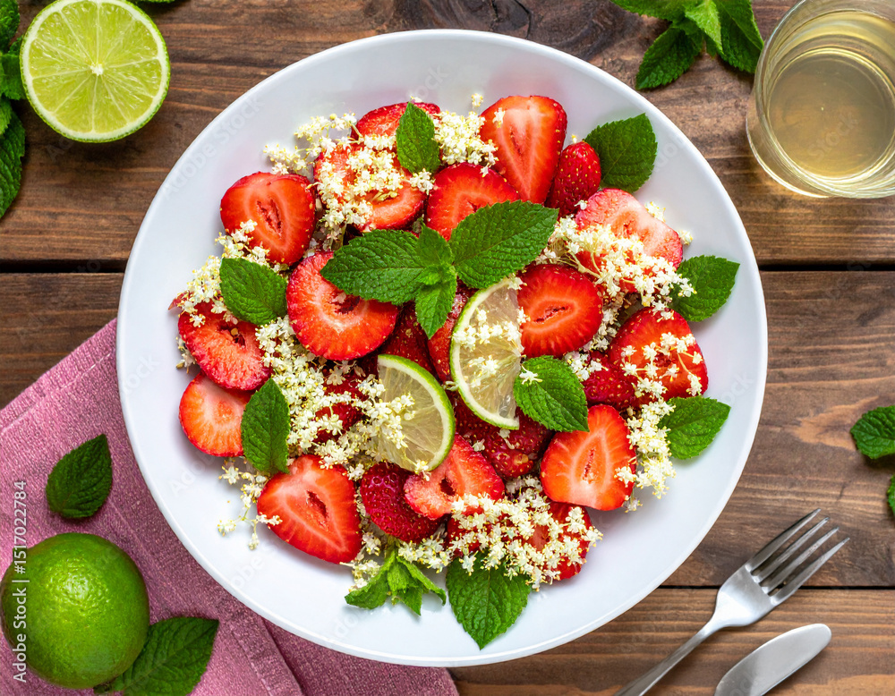 Top View of Strawberry Elderflower Salad with Lime and Mint on Wood Top View of Strawberry Elderflower Salad with Lime and Mint on Wood