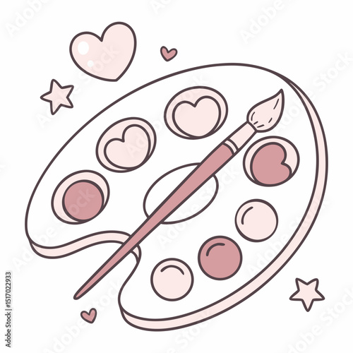 Artistic Palette with Hearts and Stars: A charming illustration showcases a painter's palette adorned with heart-shaped paint wells and a paintbrush, complemented by delicate hearts and stars.