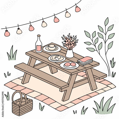 Picnic Feast: An inviting picnic scene, a wooden table set with food, drinks, and flowers, is illuminated by strings of lights, evoking warmth and relaxation. 