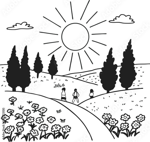 Sunny day walk three people rolling hills flowers trees