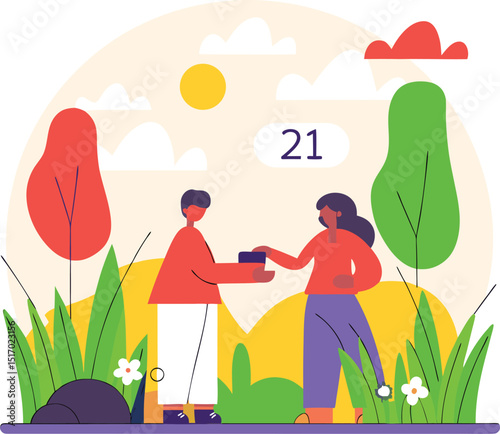 Young adults exchanging a small gift in a park on a sunny day