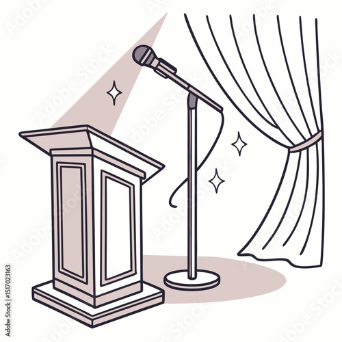 Microphone on Stage: A vintage microphone stands ready beside a classic podium, framed by an elegant curtain. The scene is bathed in a single spotlight, hinting at anticipation.