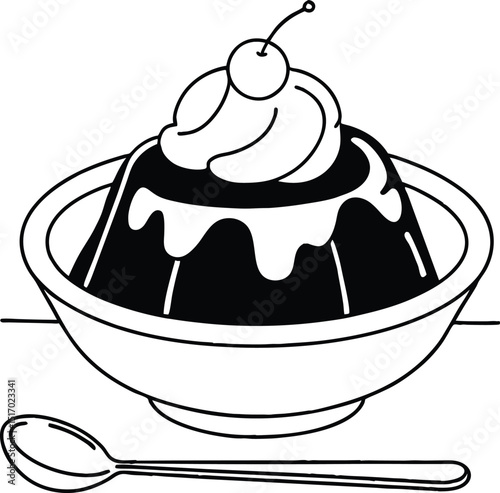 Delicious chocolate cherry pudding dessert in bowl with spoon