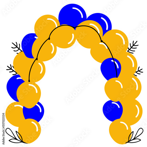 Blue and Yellow Balloon Arch: Festive vector graphic of blue and yellow balloons arranged in an archway shape, decorated with black twigs.