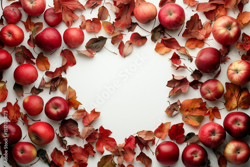 Red apples with vibrant fall leaves, a seasonal harvest of fresh autumn fruit and foliage background. Copyspace in center. Generative AI