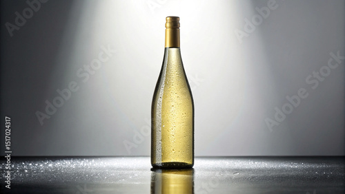 Elegant White Wine Bottle on Reflective Surface with Condensation Droplets