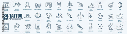 Tattoo vector line icon set. Included icons as skin, body, artist, style, art and more.