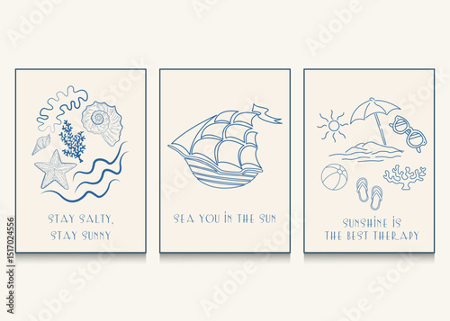 Sea summer banners doodles banner or poster set with a lighthouse, a ship, seashells.  Vector illustration hand drawn posters. Wall art prints decor. Illustration for invitations and much more