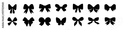 Set of bow icons. Decorative elements in silhouette style. Collection of accessories of different shapes for packaging festive gift boxes. Vector illustration.
