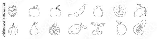 
Linear icons of fruits, strawberry, apple, banana, pear, cherry, papaya in outline style. Vector illustration.
