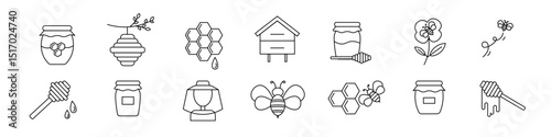 Set of linear icons. Beekeeping concept, apiaries and honey production.
Outline icons of a bee on a flower, a hive, a honeycomb, and honey in a jar.
Vector illustration.