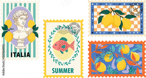 Summer. Italy. Amalfi. Vector illustration of Mediterranean Italian tile with seagull, lemons, sardine fish, antique bust, mango pattern for poster, card or background