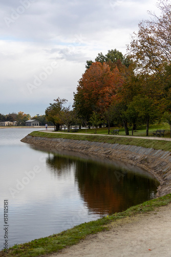 Curved Path Along Brookline Reservoir in Early Autumn