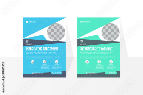 vertical layout. Blue & pest color element creative flyer template set Circle space for photo collage. Green and blue color of element variation which can be selected. white background.
