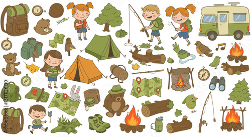 Cute Kids Camping – Flat Vector Illustration of Summer Camp, Hiking, Fishing, Forest Animals & Outdoor Equipment