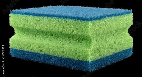 Green and Blue Dishwashing Sponge on Black Background