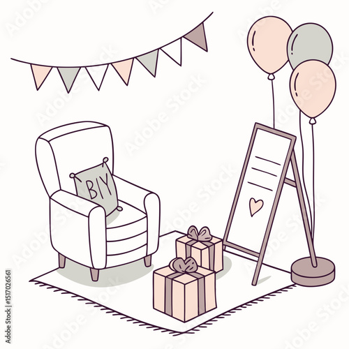 Cozy Celebration Setup: An inviting space, adorned with balloons, banners, gifts, and a charming sign, sets the scene for a heartwarming gathering.