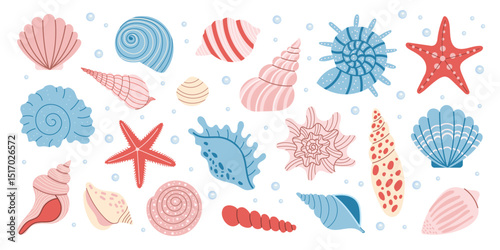 Set of seashells, sea stars and underwater elements. Cute hand drawn marine collection in pastel colors. Vector illustration for summer, ocean design, beach decor, kids projects.