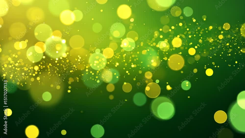 Golden and green bokeh particle flowing in abstract wave motion creating glittery sparkle effect. Magical light display. Use for celebration and luxury promotion