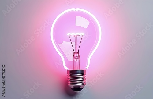 Pink purple neon lamp light bulb. Glowing glass bulb creative innovative idea. Sign of energy, power, technology. Symbol of solution, creativity, innovation. Modern design, bright light on minimalist