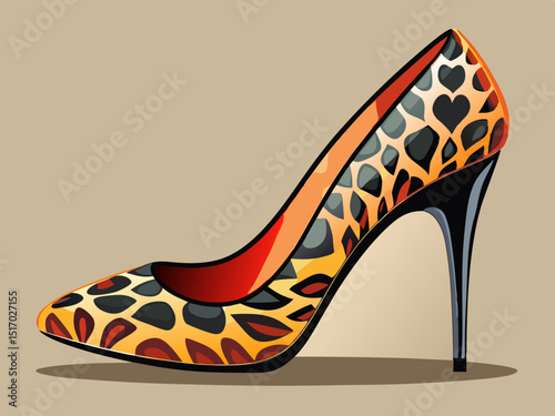vector of A stylish high heel with a bold textured animal print set on a soft neutral gradient
