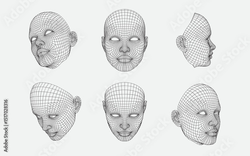 3d wireframe human heads  at different angles, technology concept