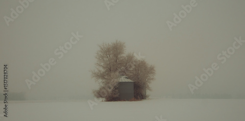 grain silo in foggy