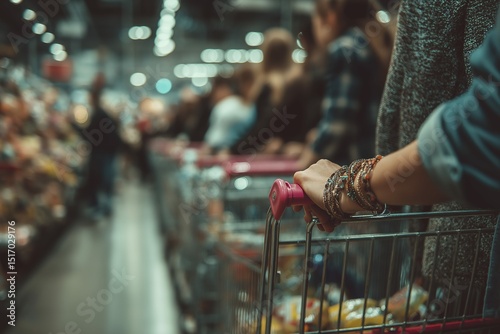 Crowded supermarket aisle with shopping carts and diverse shoppers