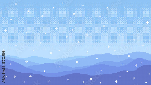8-bit pixel art game background. pixel snowflakes in the distance. blue hills in the foreground. blue sky and snowy mountains. vector graphics.