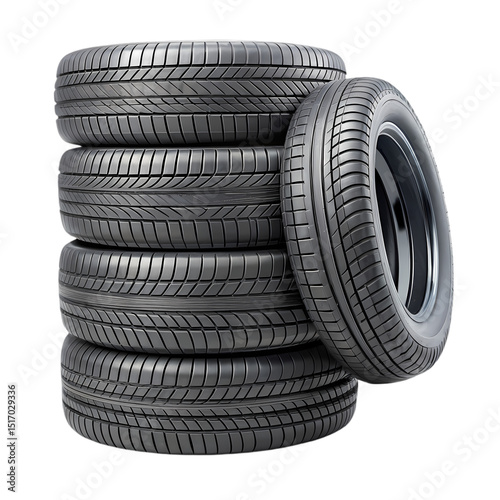 Stack of Five New Car Tires on White Background isolated on transparent baackground