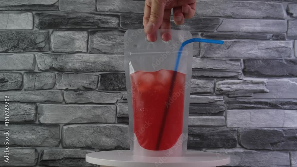 Spill-proof disposable drink pouch with red berry lemonade or wine slushy. Refreshing summer take away drink. Red beverage in plastic bag with ziplock.
