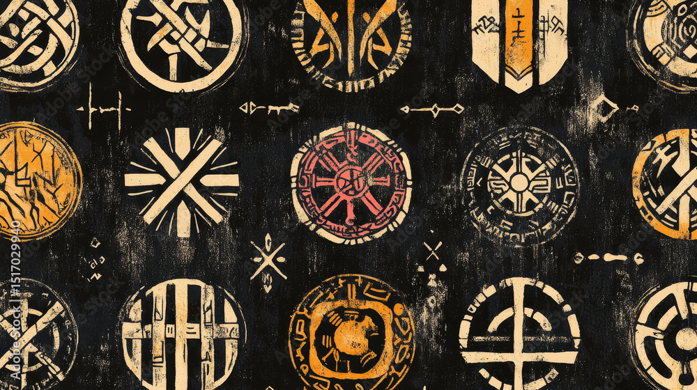 Fototapeta premium Ethnic Norwegian and Icelandic seamless pattern featuring runic talismans of Vikings and northern peoples. Includes magical runes, pagan symbols, and Futhark designs in a repeatable vector background.