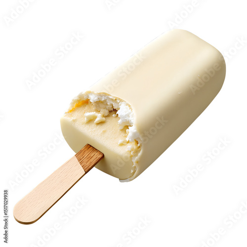 Studio Shot of a Partially Eaten Vanilla Ice Cream Bar with White Chocolate Coating on a Stick
